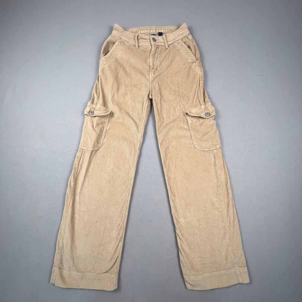 American Eagle Cargo Pants Women 000 Tan Corduroy Wide Leg Stretch Y2K Utility